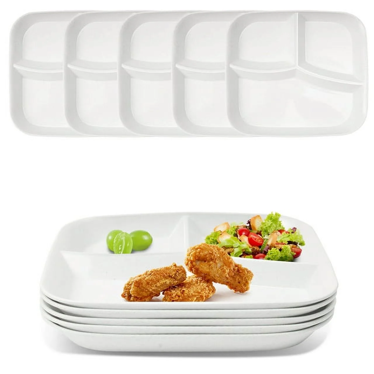 YUESHENGHAO10-inch(5pcs)unbreakable wheat child/adult divider plate, 3-compartment foodplate/lightweight reusable square plastic divider plate/Microwave dishwasher-safe divider plate, BPA-Free (white)