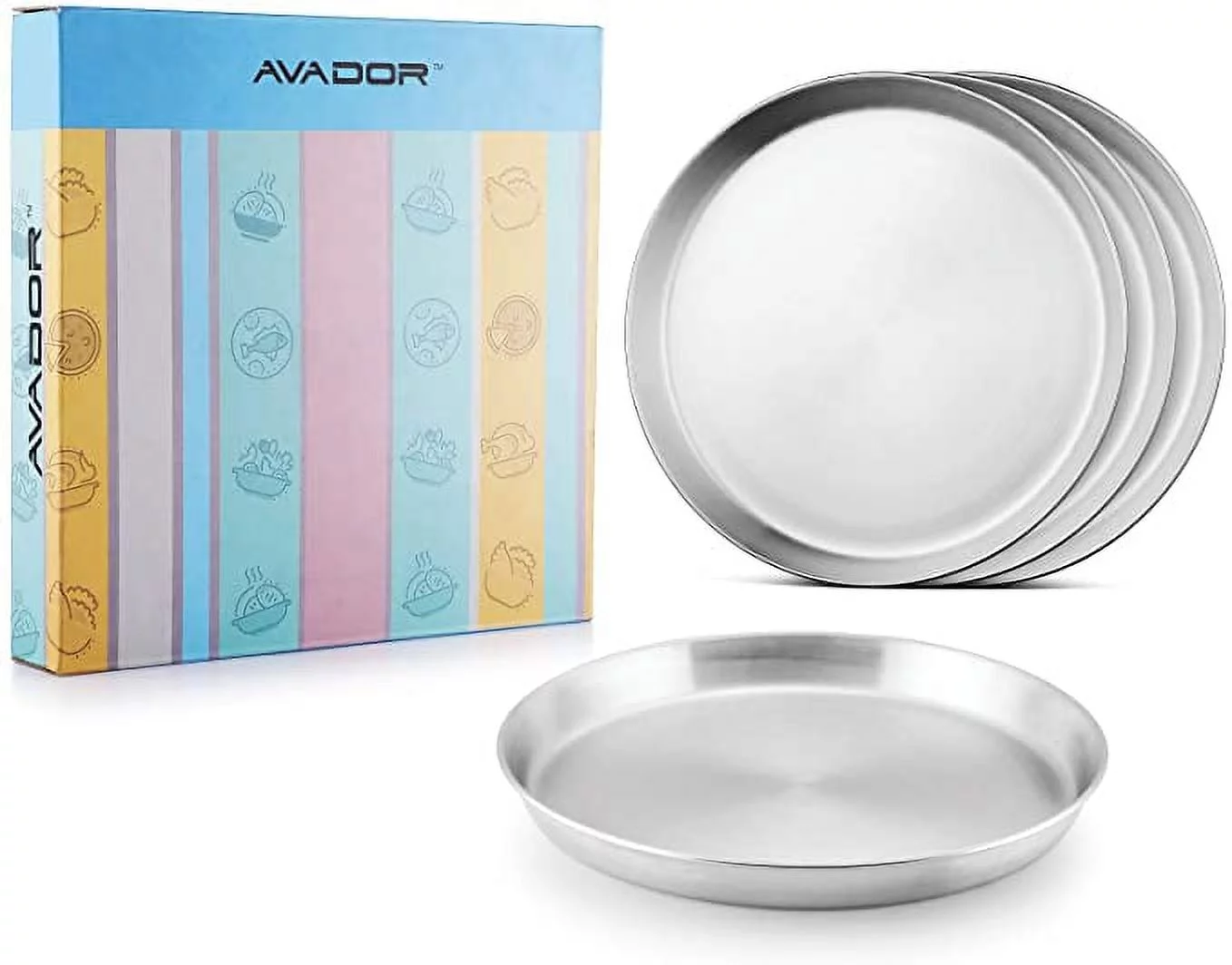 AVADOR Toddler Set of 4 Deep Round Plates 18/8 Stainless Steel Products for Kids Dining | Camping | Outdoor BPA Free Dishwasher Safe