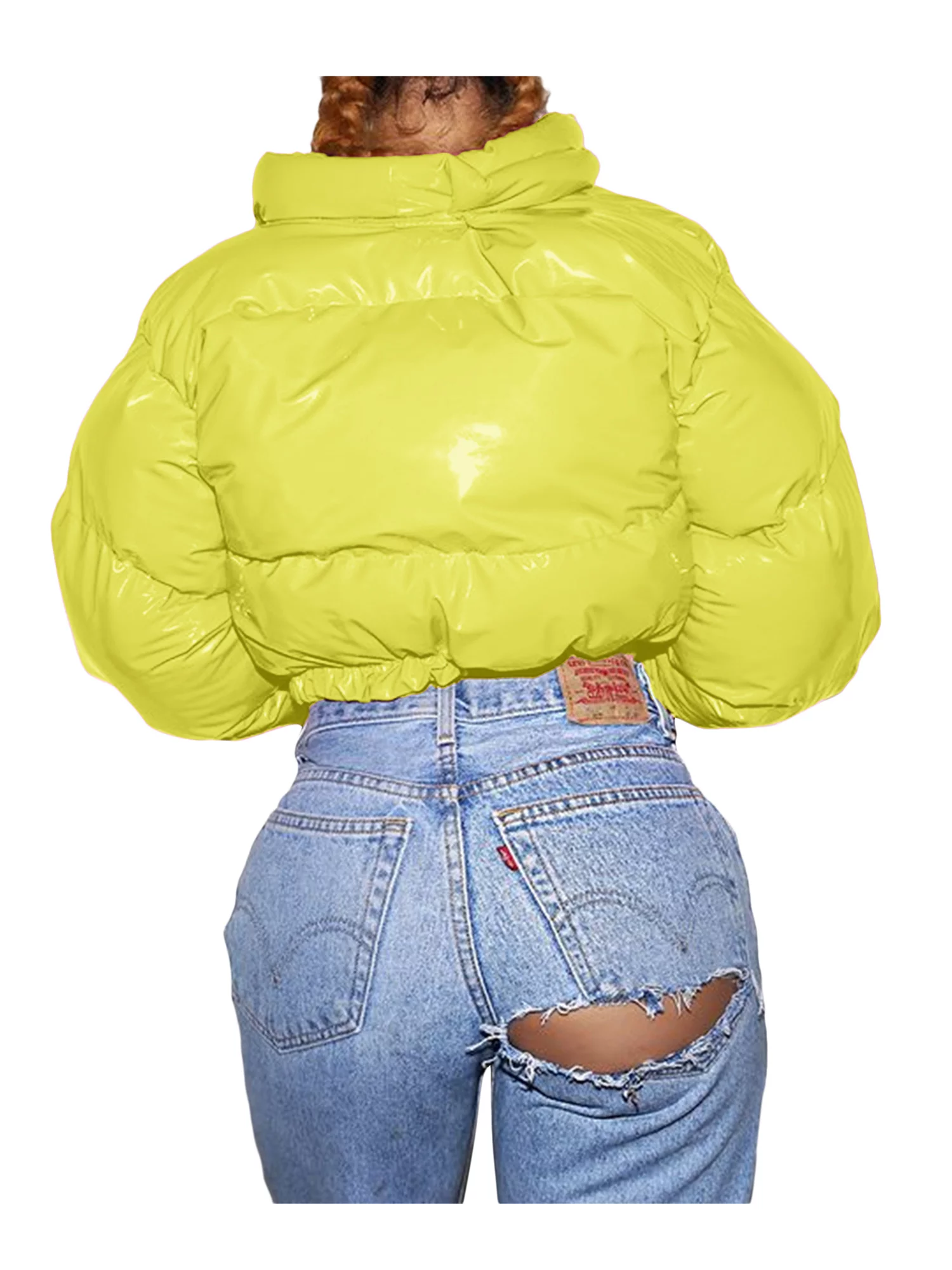 LisenraIn Women Winter Puffer Jackets-Long Sleeve Stand Collar Cropped Down Leather Waterproof Bomber Jackets