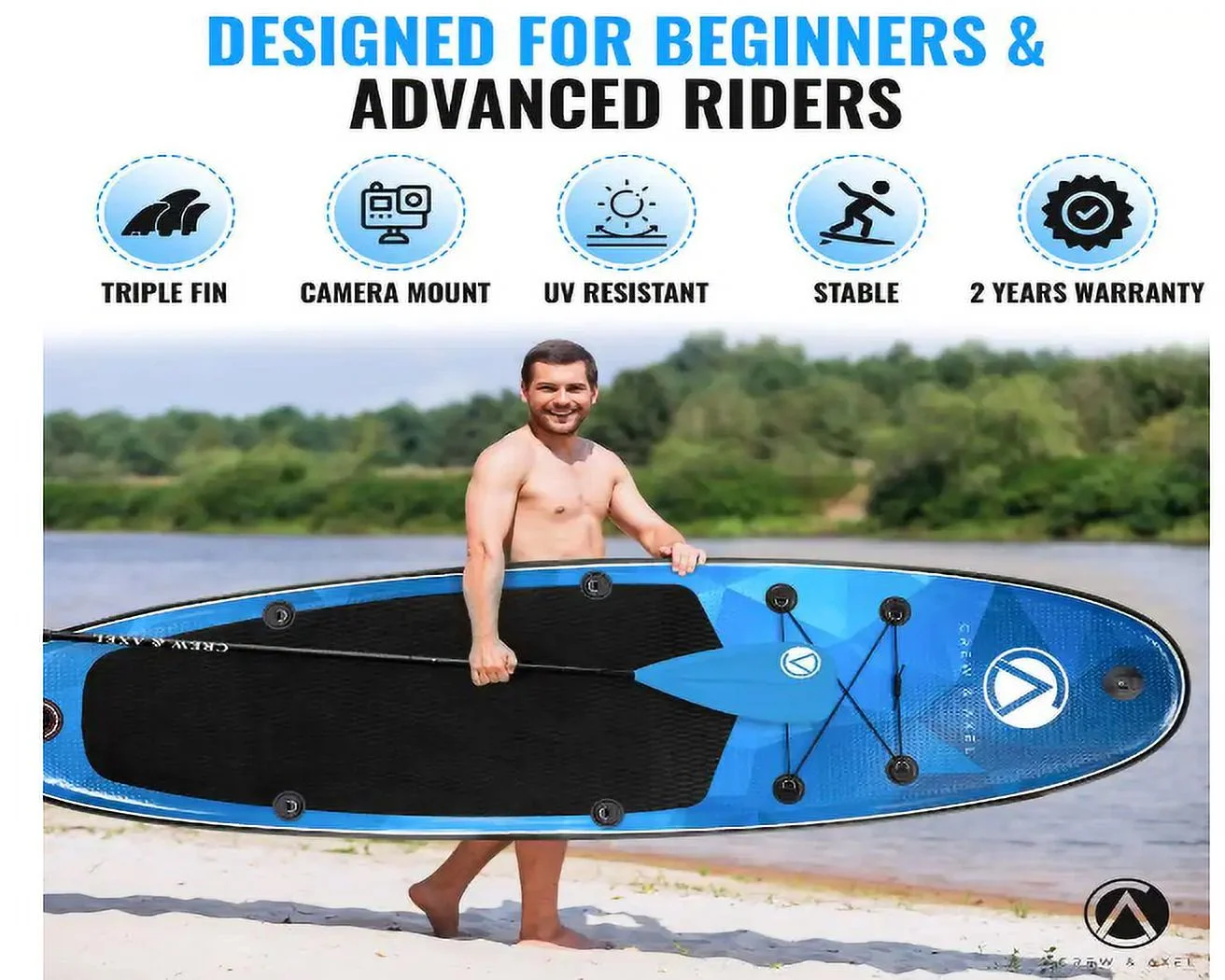 Inflatable Stand Up Paddle Board Non Slip SUP W Backpack, 3 Fins, Paddle, Pump (10 ft. x 33 in. x 6.2 in.) 17 lbs. Blue