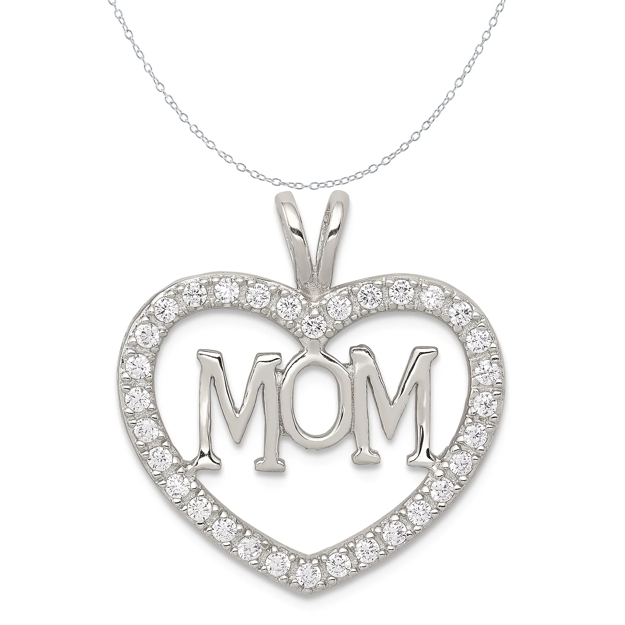 Carat in Karats Sterling Silver Polished Finish Rhodium-Plated CZ Open Heart Mom Charm Pendant (26mm x 24mm) With Sterling Silver Cable Chain Necklace 20''