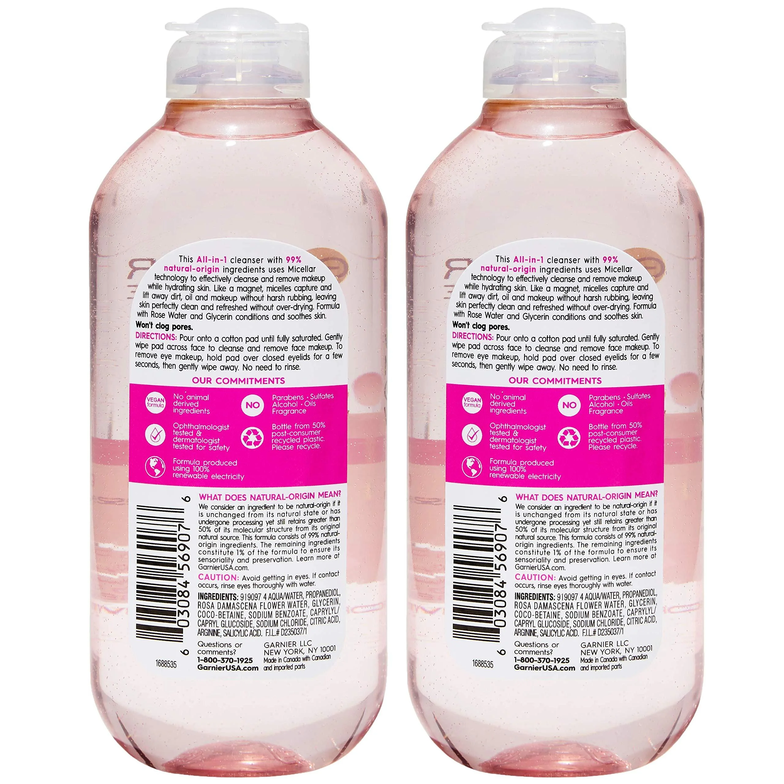 Garnier SkinActive Micellar Cleansing Water with Rose Water and Glycerin, All-in-1 Hydrating, For Normal to Dry Skin, 2 Count (Packaging May Vary) 2-Pack