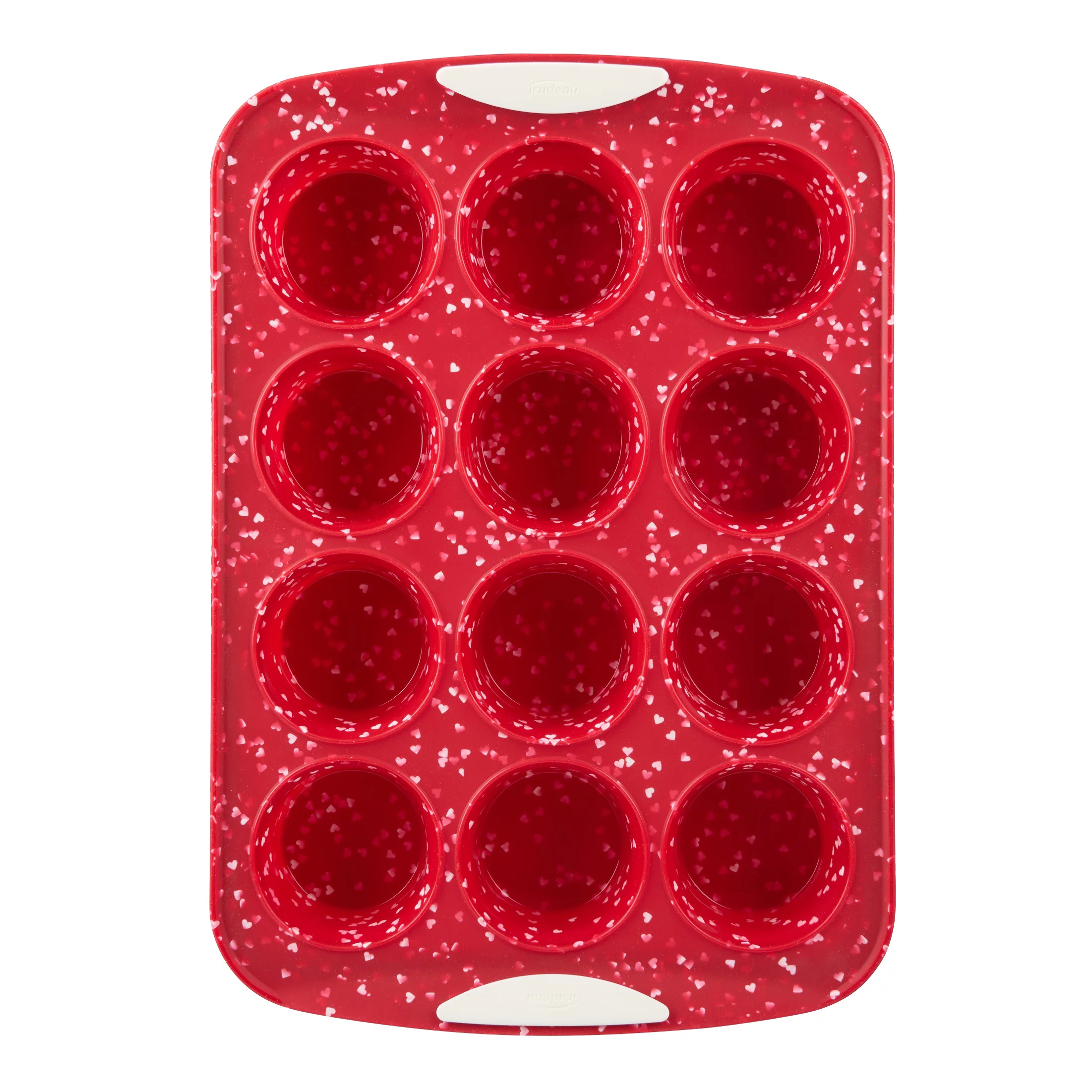 Trudeau Silicone Muffin Pan, Patented Structure Silicone, Red Heart Confetti, 12 Count