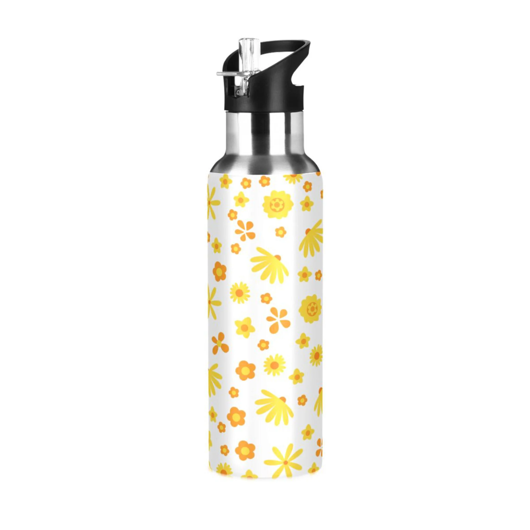 Water Bottle with Straw Lid Leak Daisy Floral Stainless Steel Insulated Thermos Vacuum Flask for Cold Hot Drinking for Sports Camping Gym Yoga