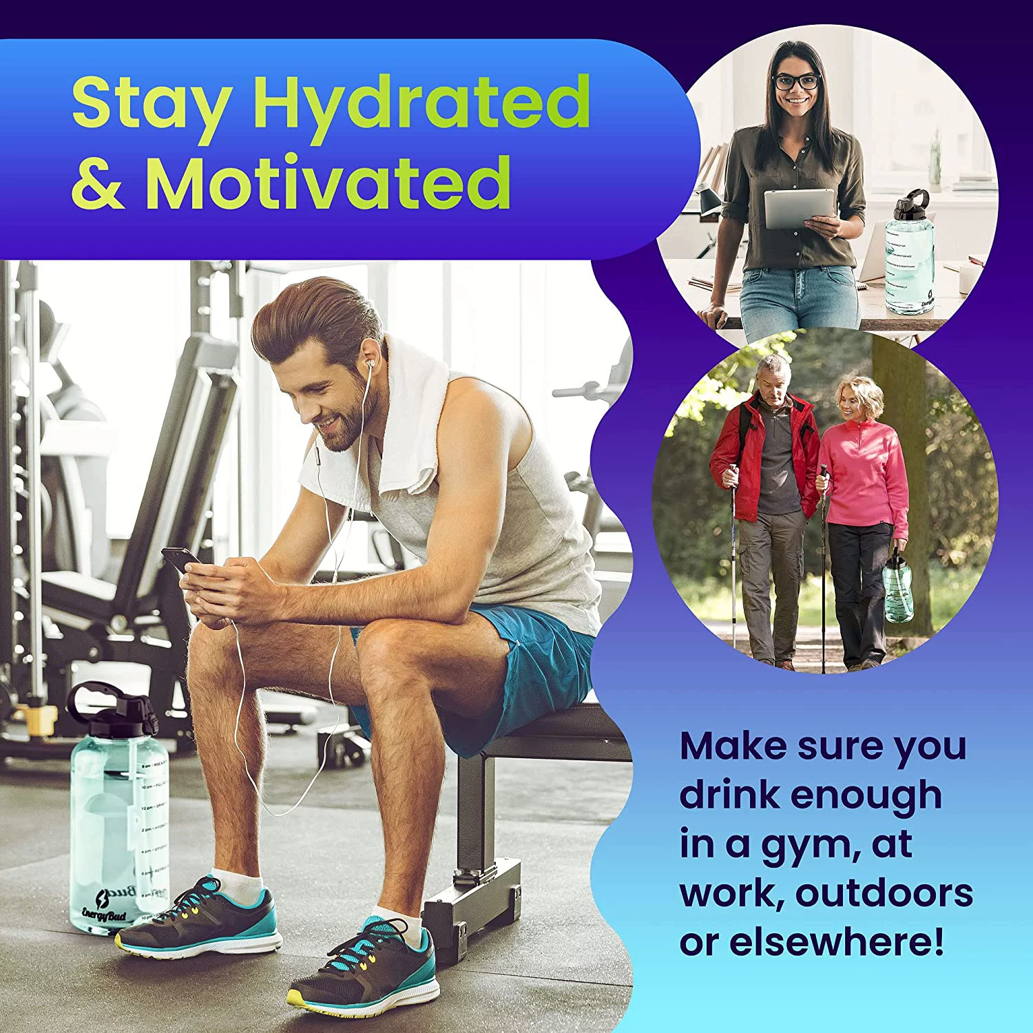 EnergyBud Water Bottle With Time BPA Free Gallon Jugs Motivational Water Bottle