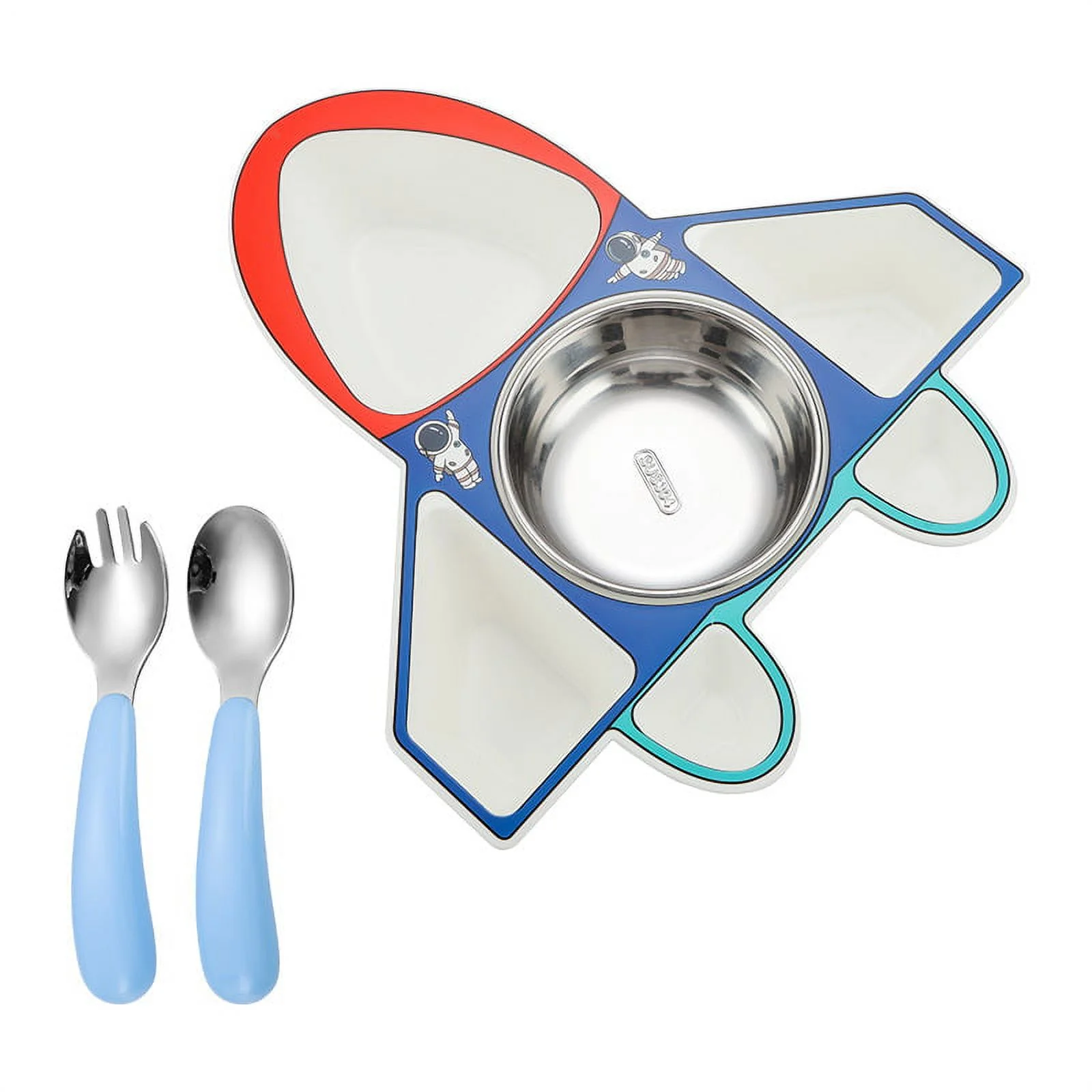 JVMU Kids Airplane Food Plates 4 Grids with Stainless Steel Spoon and Fork Set for Baby Toddler Self-Feeding Training, Blue