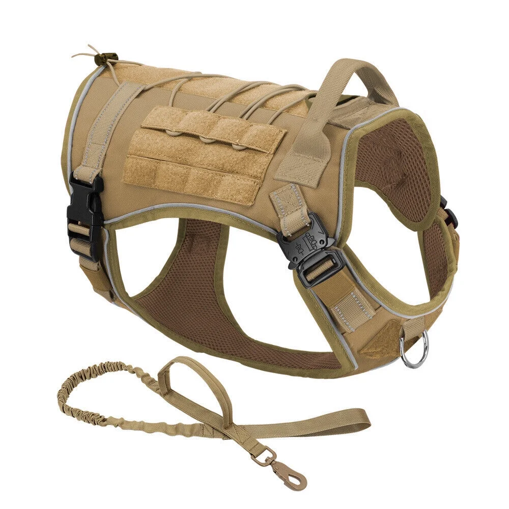 Military-Style Tactical Dog Harness Leash No-Pull Design Reflective Elements