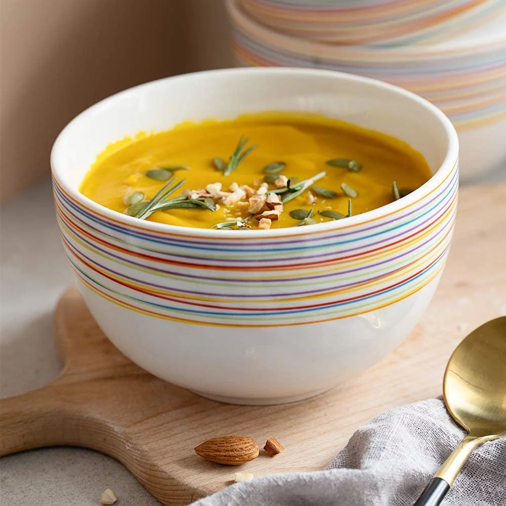 DOWAN Large Ceramic Bowls Sets of 4,White Rainbow Stripes 30OZ Large Soup Bowls For Kitchen,Serving Bowls,Microwave Safe