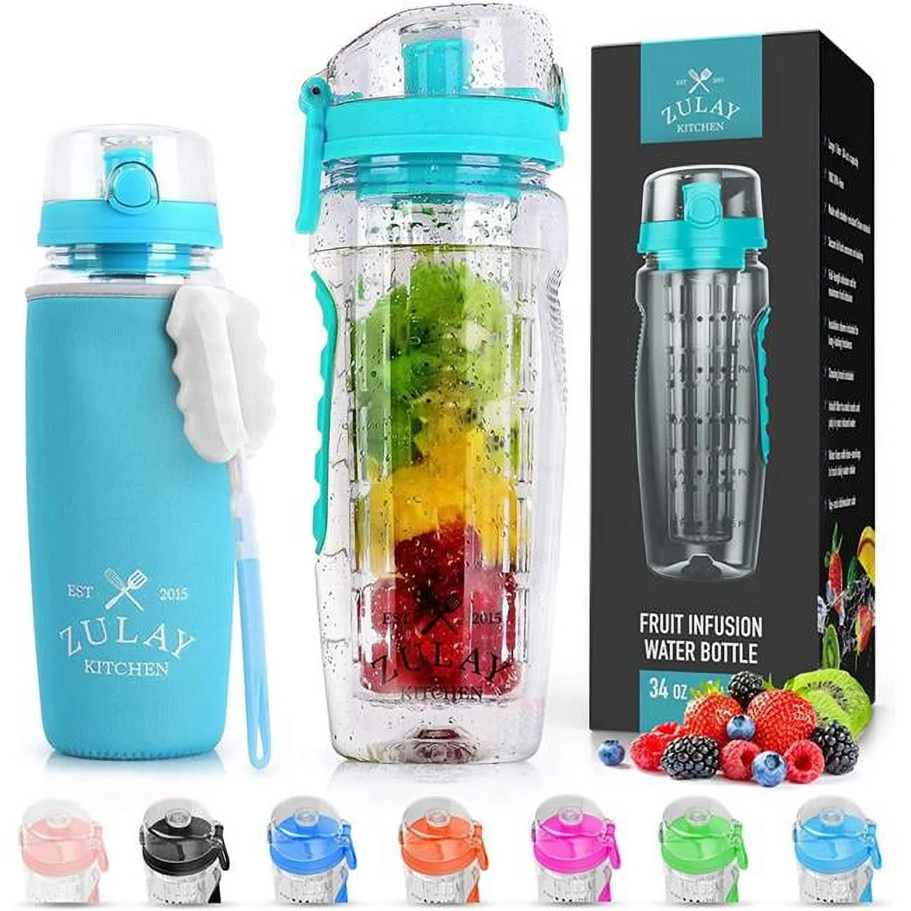 Zulay Kitchen Portable Water Bottle with Fruit Infuser 34 oz - Lake Blue