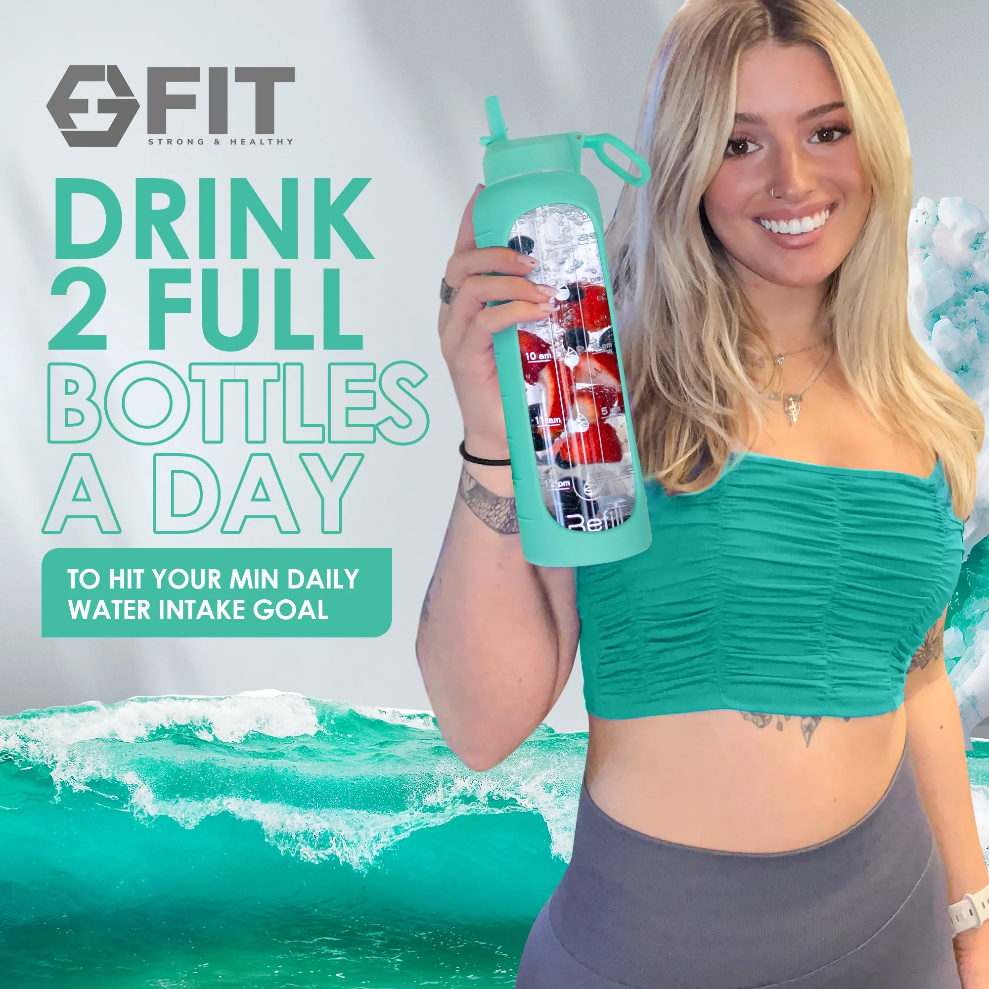 32 oz Glass Water Bottle with Time Marker Reminder and Silicone Sleeve (Seafoam+EXTRA LID) - Reusable, Wide Mouth, Leakproof, Glass Drinking Bottle, BPA Free, Motivational Water Bottles for Hydration