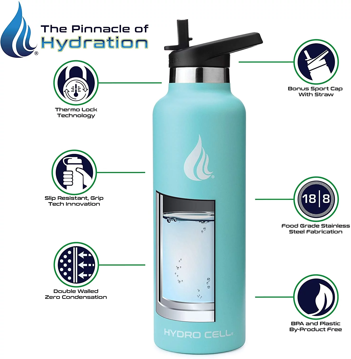 HYDRO CELL Stainless Steel Water Bottle w/Straw & Standard Mouth Lids