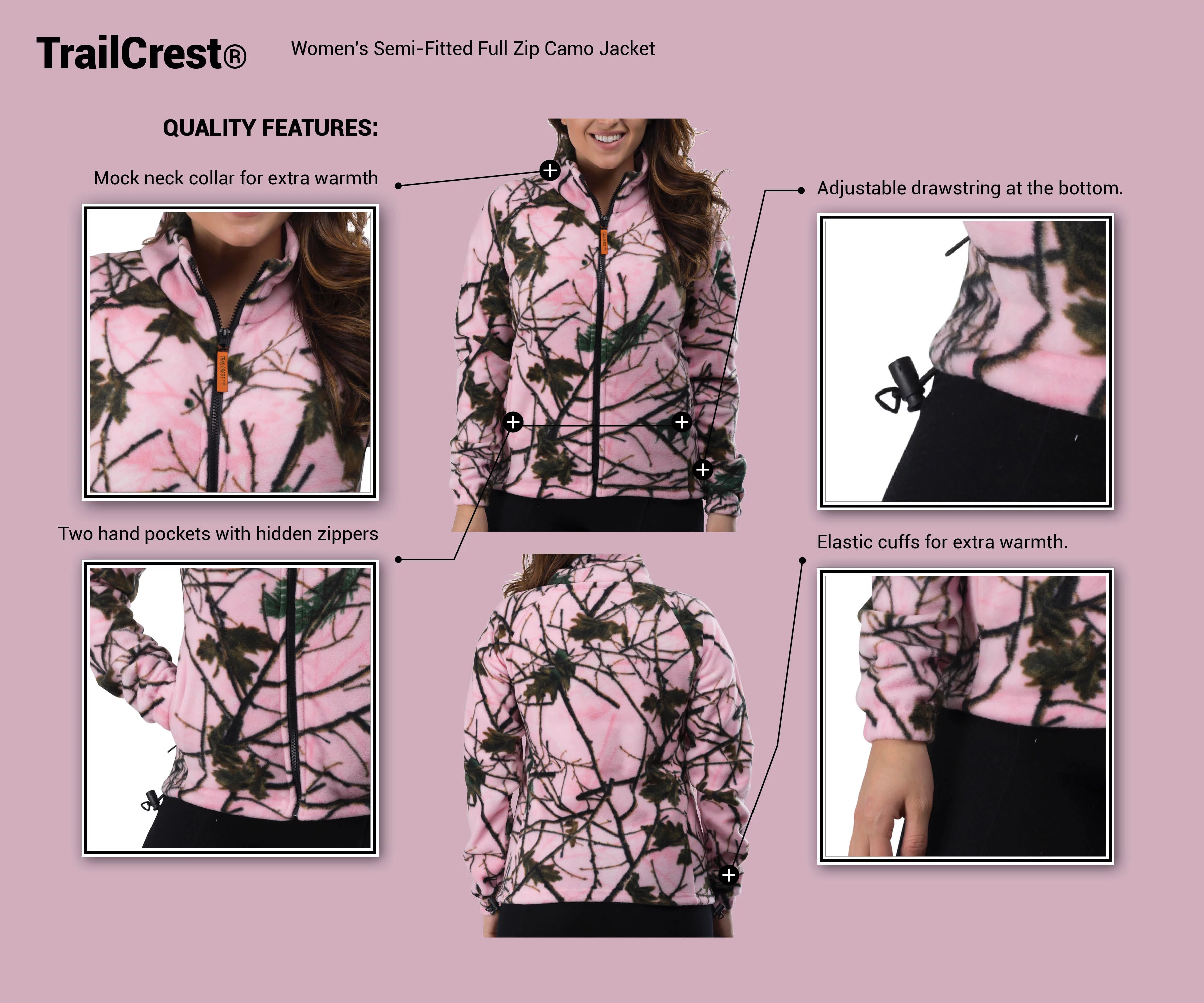 TrailCrest Women’s Semi-Fitted Full Zip Fleece Long Sleeve Camo Jacket, Green, Small