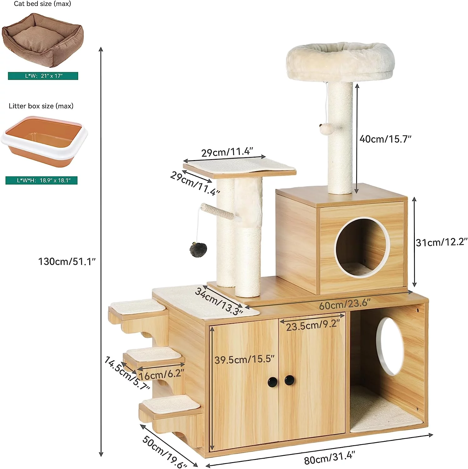 Dextrus Litter Box Enclosure with Cat Tree, 4-in-1 Modern Cat Tree with Cat Mat, Indoor Wooden Cat House Separable Litter Box Furniture Hidden End Table for 3-4 Large Cats