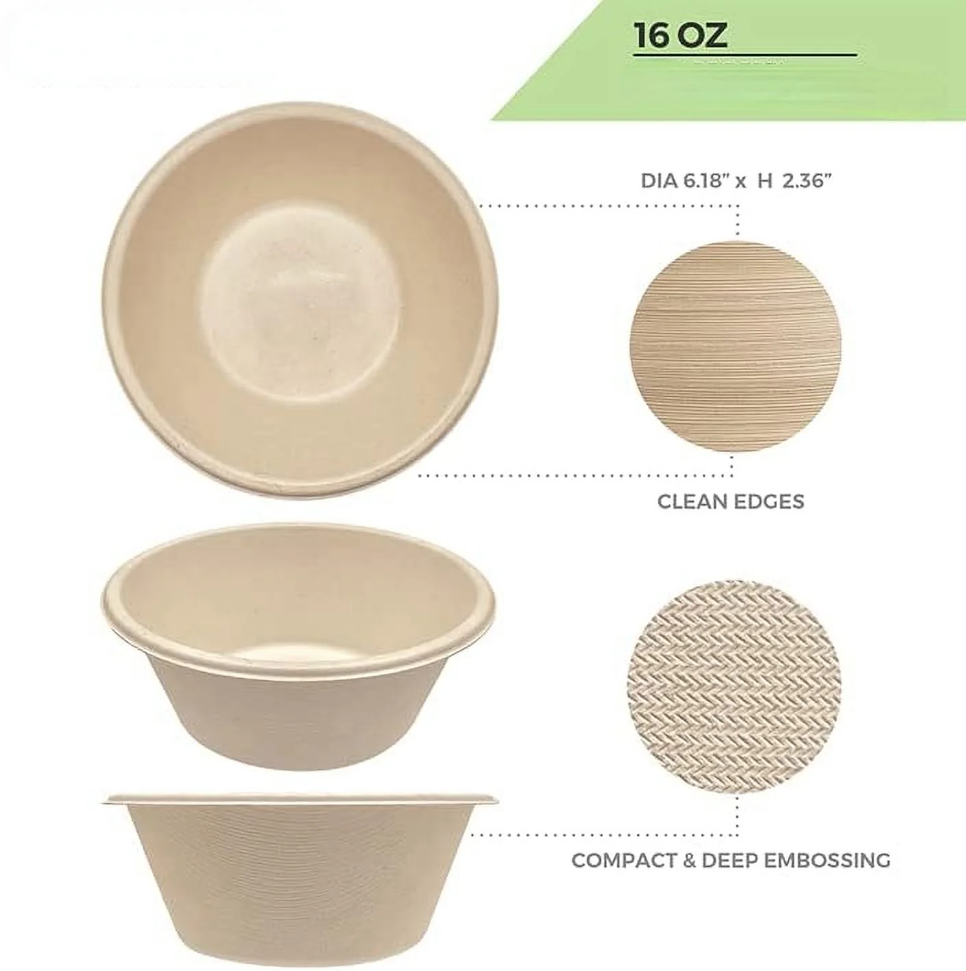 [500 COUNT] 16oz Round Paper Bowls, Compostable Disposable Eco-Friendly Containers made Bagasse plant fibers for Meal Prep Takeout Dinnerware Plates Catering 100% by-product