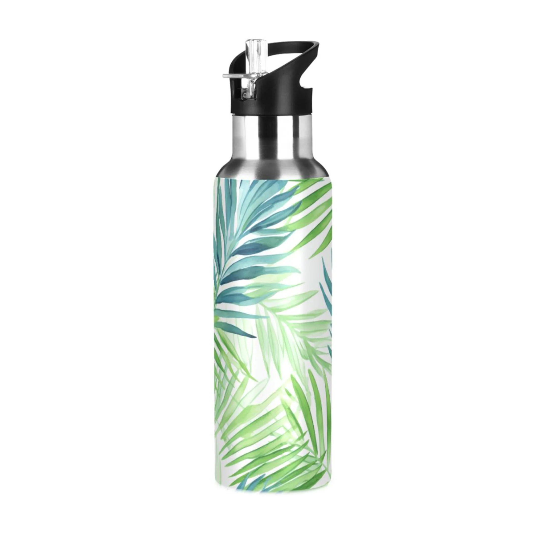 Summer Tropical Leaves Water Bottles Insulated Thermos Kids Stainless Steel Bottle with Straw Lid Flask Leakproof for Sports Gym 20 oz