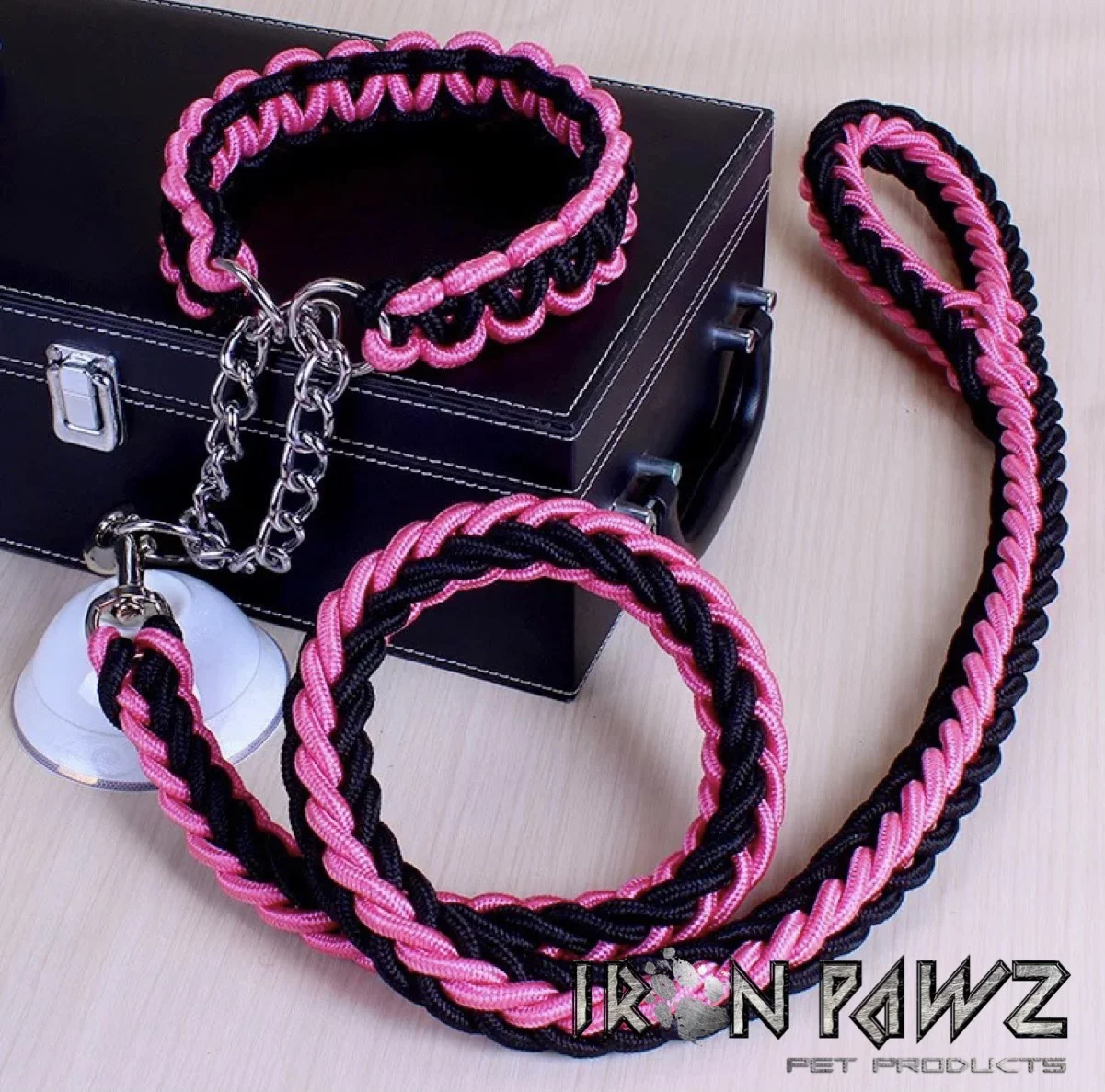 Iron Pawz Heavy Duty Professional Training Dog Leash & Collar Set Black & Strawberry Pink