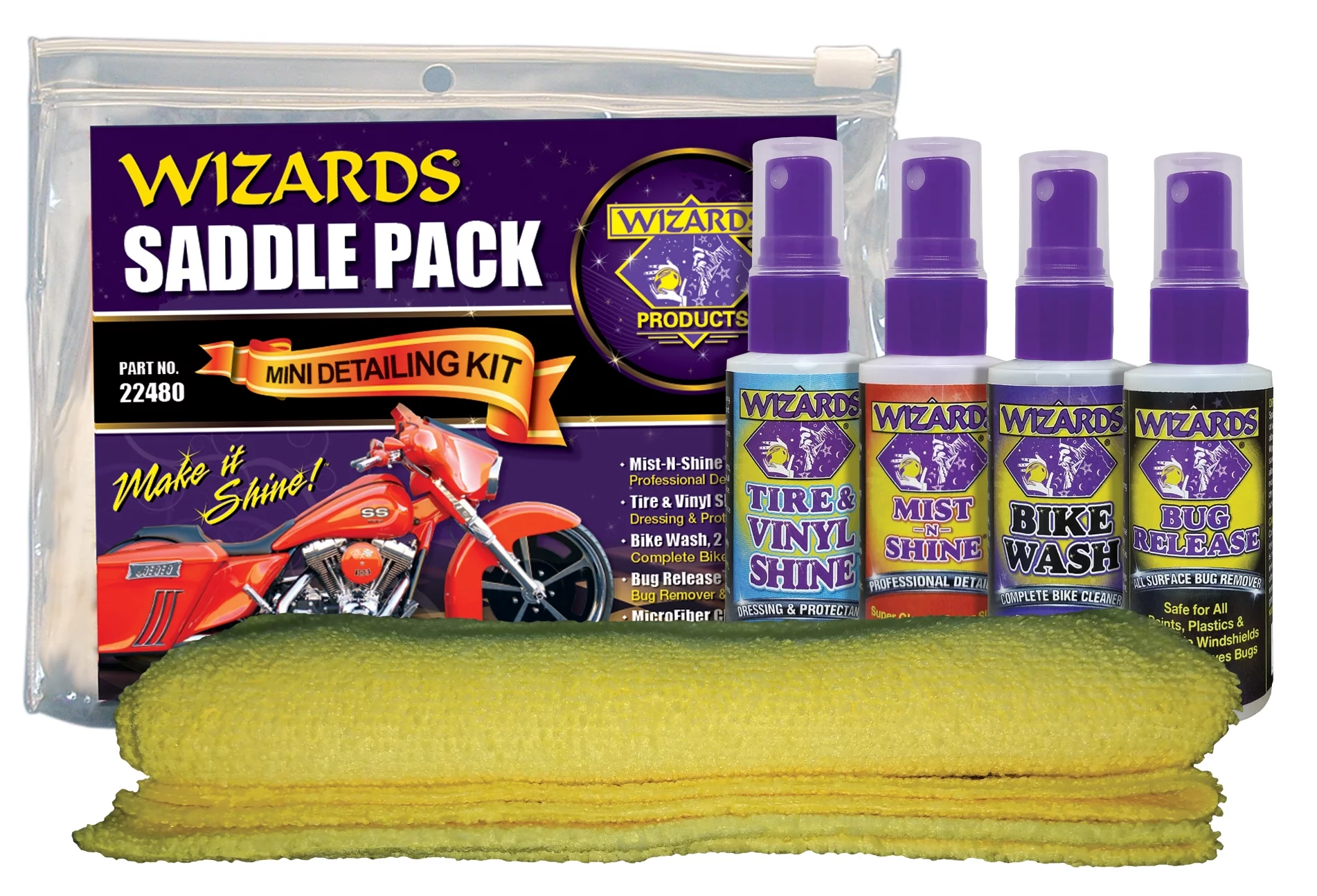 Wizards Motorcycle Cleaner Kit - 5 Piece Motorcycle Accessories Saddle Pack - Motorcycle Detailing Supplies - Bike Surface Cleaner and Tire Cleaner - Powerful Stain Removal Kit With Tire Protectant