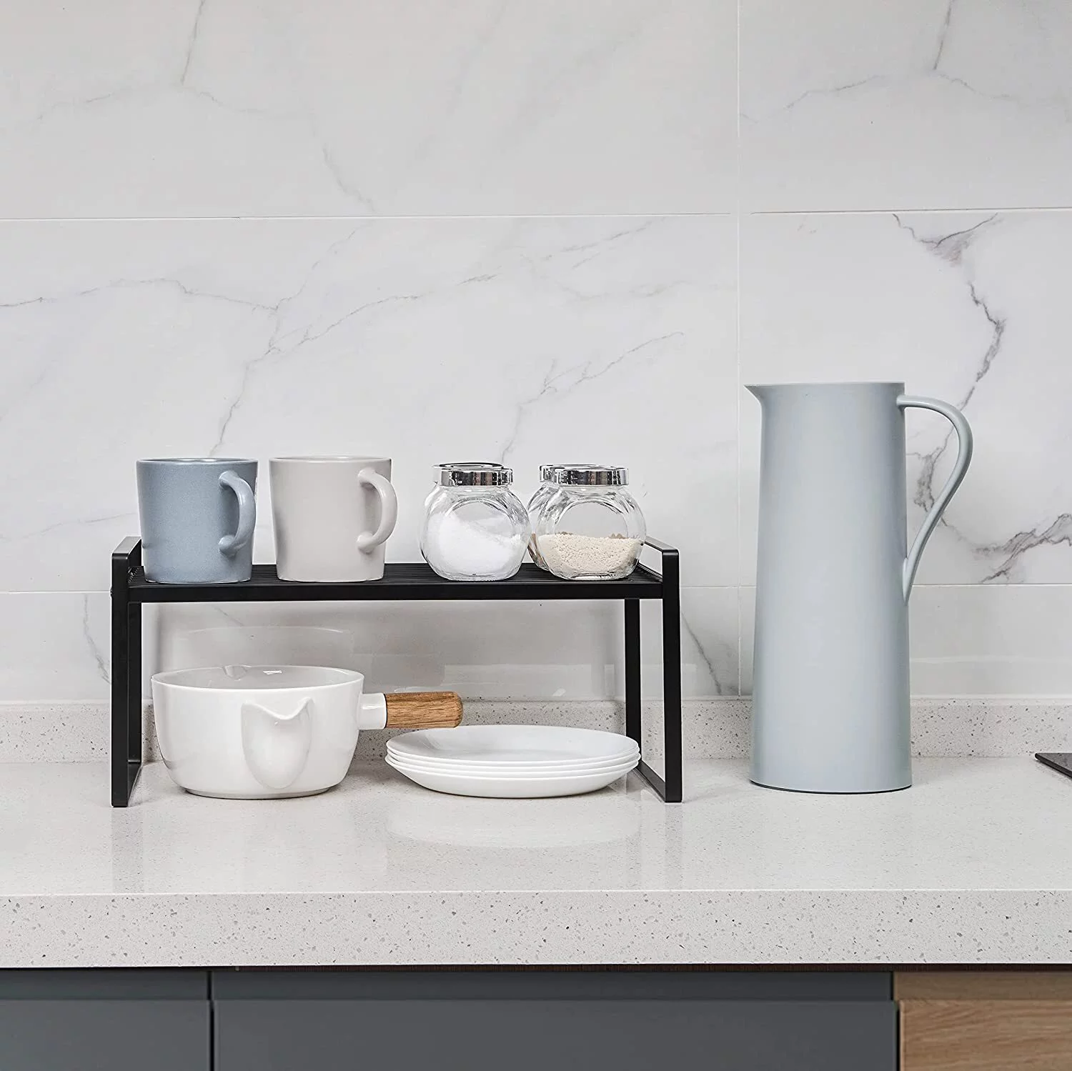 SUNFICON 2 Pack Cabinet Shelf Organizer Storage Rack Space Saving for Kitchen Counter Pantry Bathroom Cupboard Under Sink Office Table Desk Steel Stackable Rust Resistant 20”Black w Connected Hooks