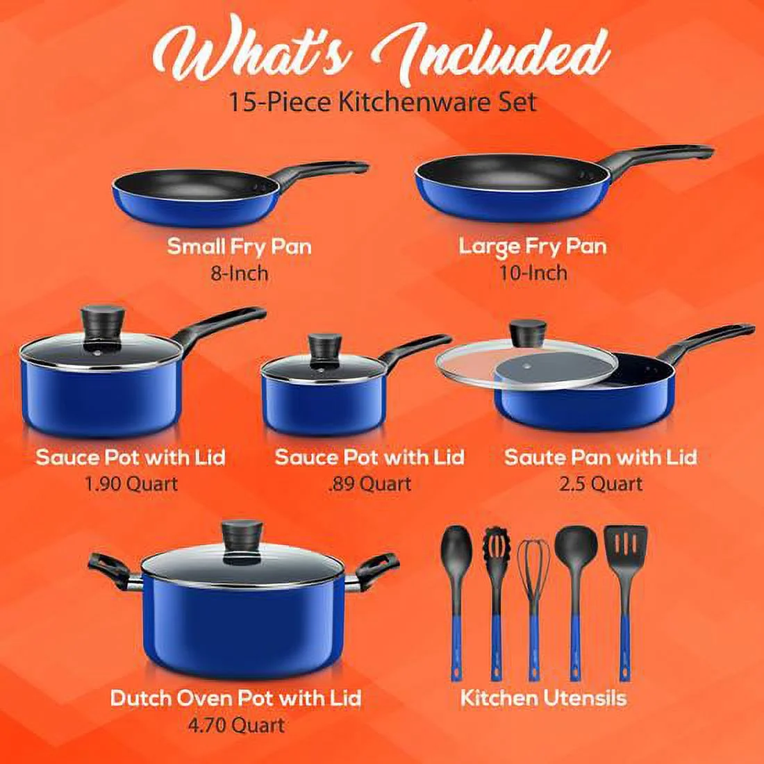 SereneLife 15-Piece Pots & Pans Basic Kitchen Cookware Black Non-Stick Coating Inside, (Blue)