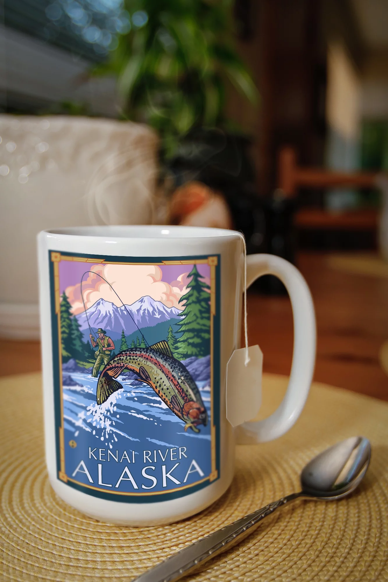 15 fl oz Ceramic Mug, Kenai River, Alaska, Angler Fly Fishing Scene (Leaping Trout), Dishwasher & Microwave Safe