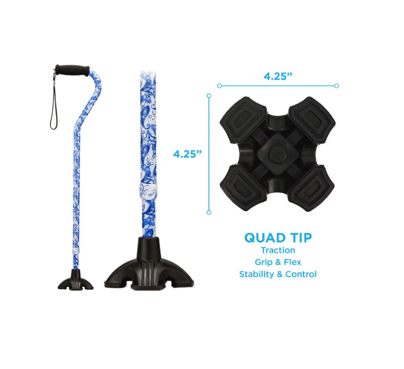 NOVA Sugarcane, Walking Cane with Quad Tip and Carrying Strap, Stand Alone Cane, Blue Porcelain Design