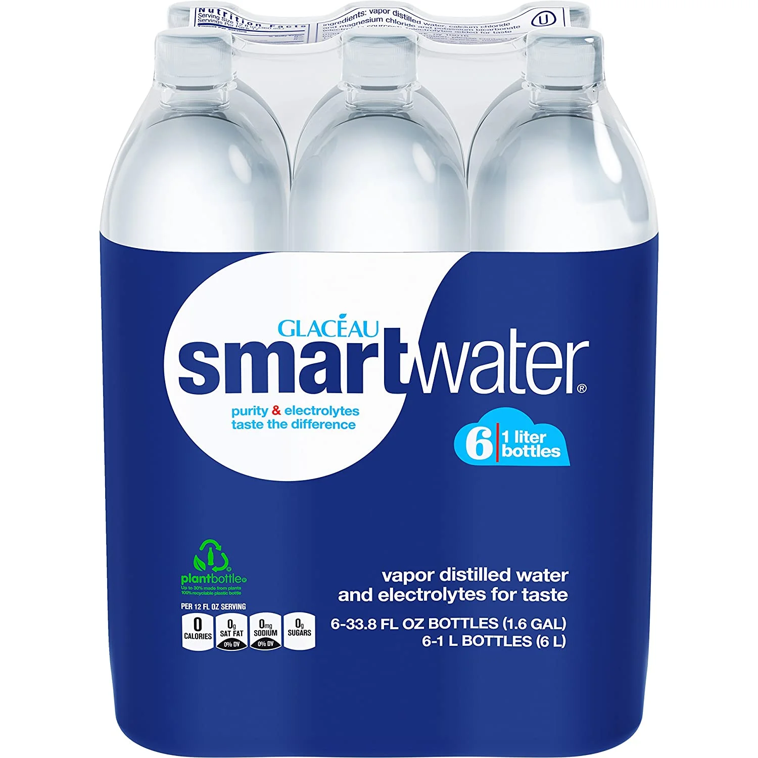smartwater vapor distilled premium water bottles, 1 Liter, 6 Pack
