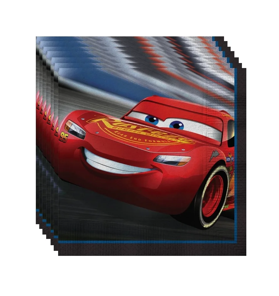 Disney Cars Birthday Party Supplies Bundle includes 16 Dessert Cake Paper Plates, 16 Beverage Cake Paper Napkins, 1 Plastic Table Cover, 1 Dinosaur Sticker Sheet