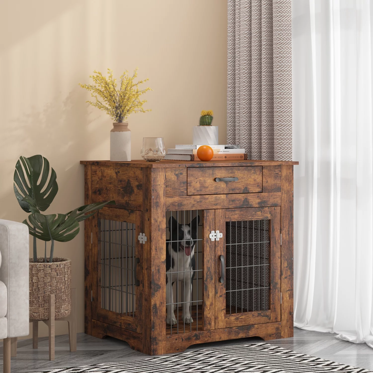 BATE Small Dog Crate Furniture-Style Pet Kennel, Double Doors Dog House with Drawer, Brown