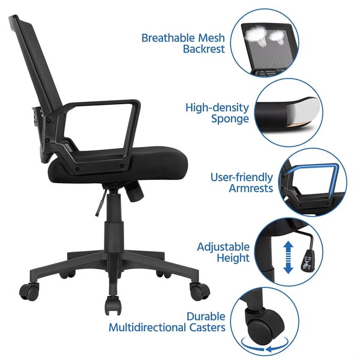 Topeakmart Height Adjustable Mesh Office Chair Computer Chair with 360° Rolling Casters, Black
