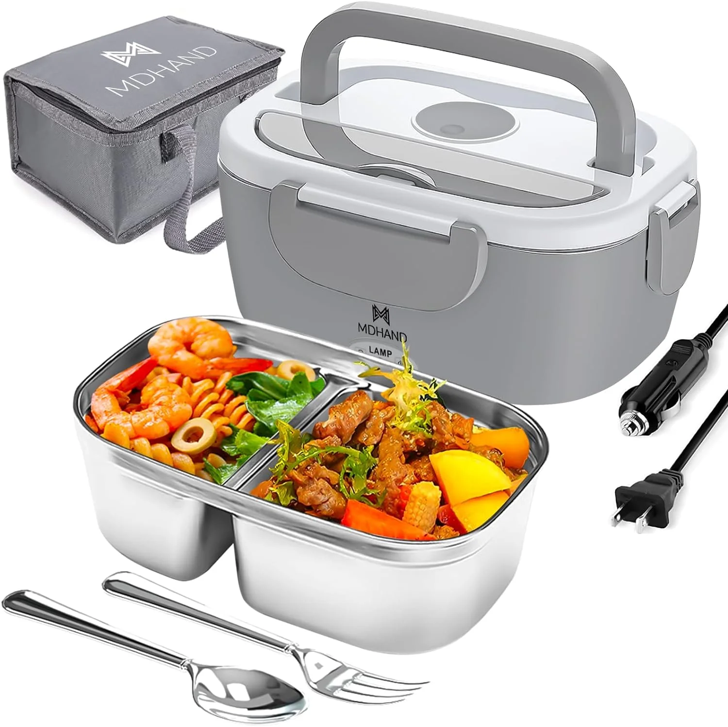 MDHAND Electric Lunch Box Food Heater, 65W Faster Heated Lunch Box, Food Warmer Lunch Box 110V/12V/24V Self Heating Lunch Box for Work/Car/Outdoors, Portable Heated Lunch Box for Adult with Lunch Bag