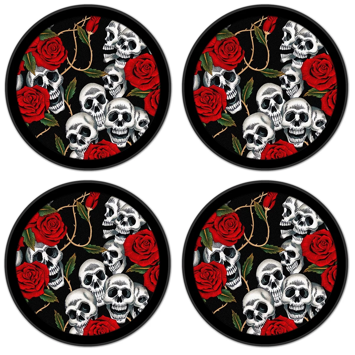 Silicone Non-Slip Drink Coasters with Removable Printed Absorbent Felt Pad - Set of 4 - Skull & Roses