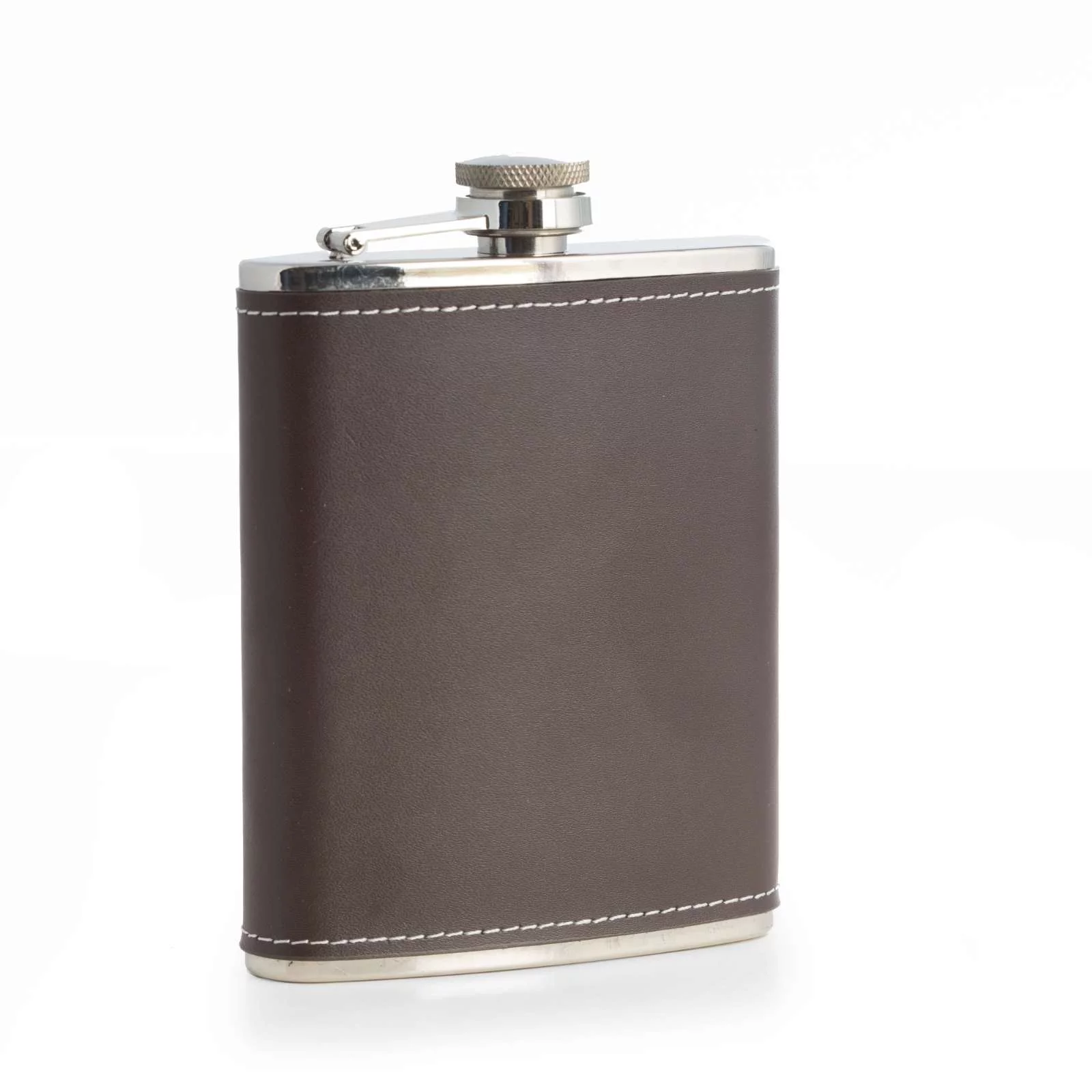 6oz. Stainless Steel Brown Leather Flask with Contrast Stitching.