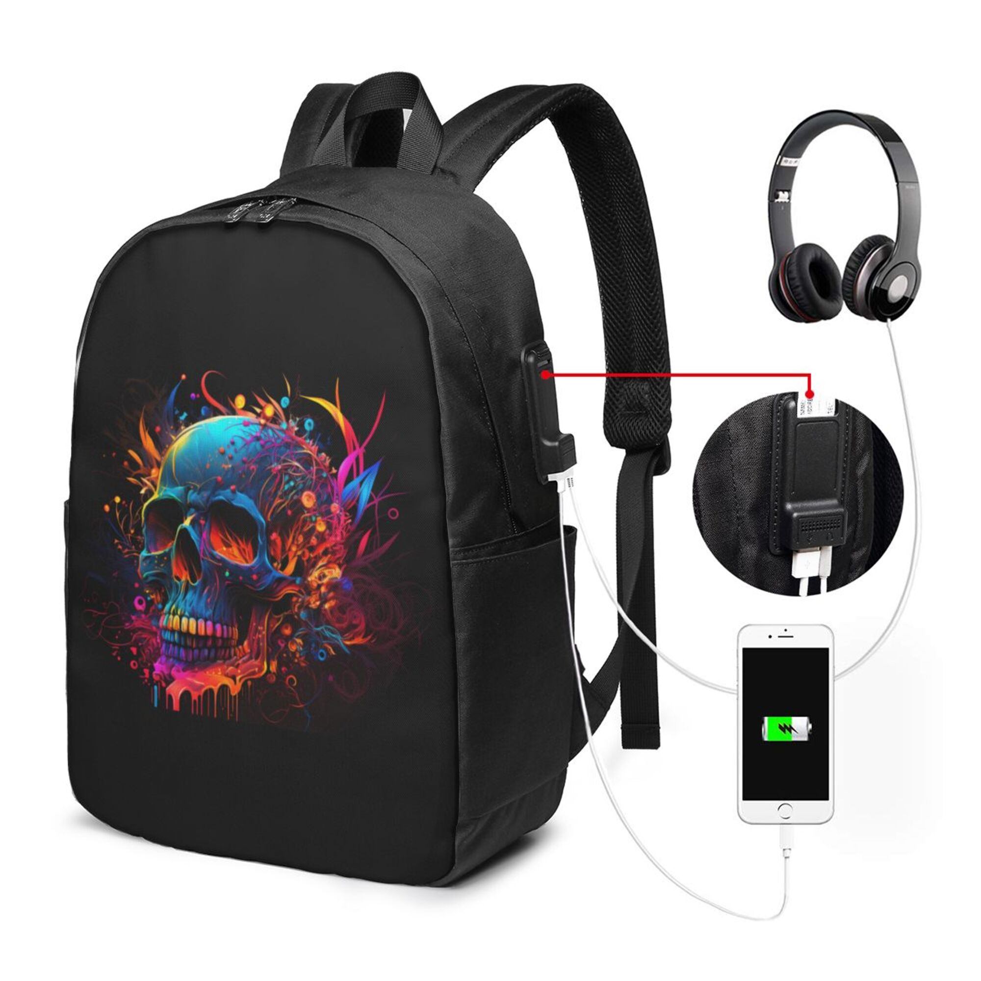 TEQUAN Travel Laptop Backpack, Colorful Abstract Skull Prints Outdoor Hiking Bag School Bookbag Casual Lightweight Daypack