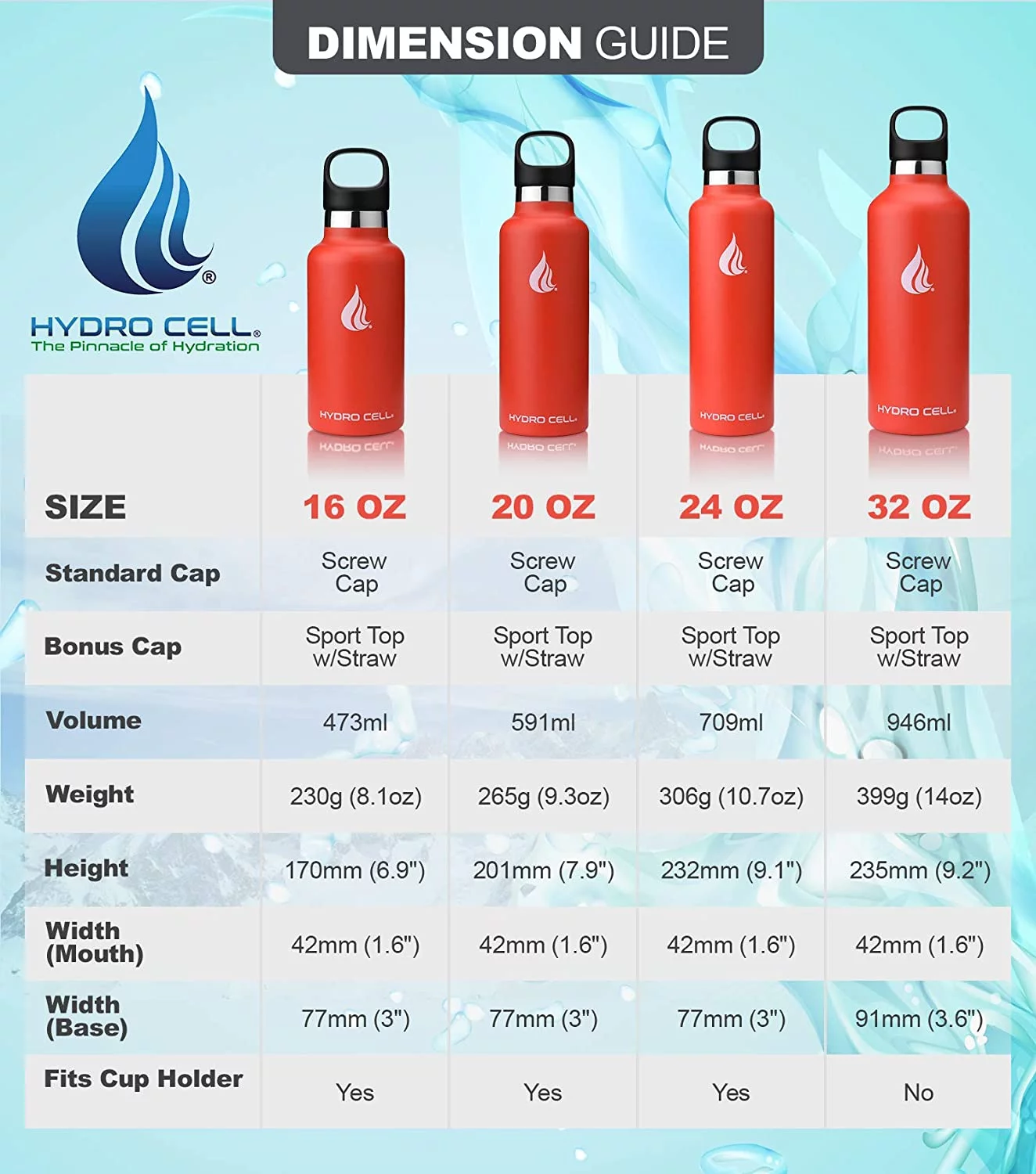 HYDRO CELL Stainless Steel Water Bottle w/Straw & Standard Mouth Lids