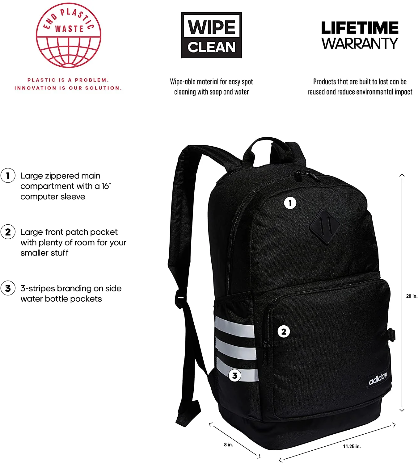 adidas Classic 3S 4 Backpack, Black/White, One Size New with tag