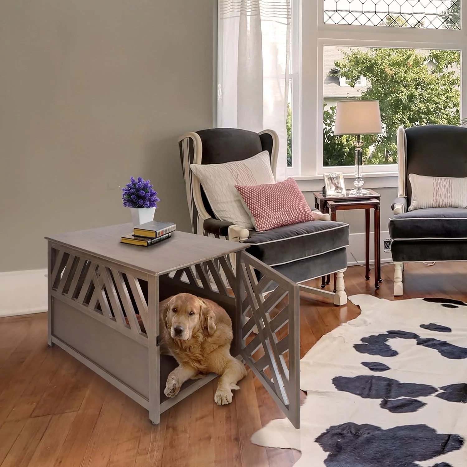 Wooden Lattice Pet Crate, End Table, Taupe Gray