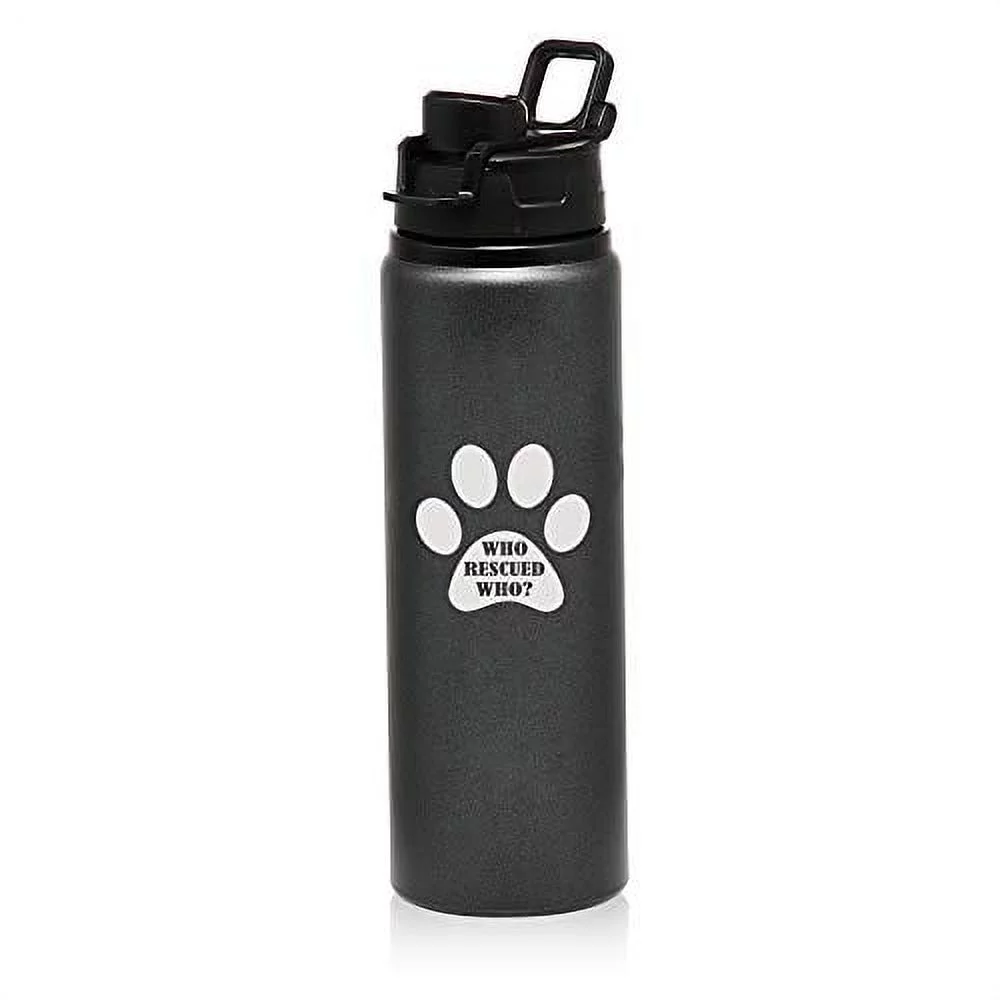 MIP Brand 25 oz Aluminum Sports Water Travel Bottle Paw Print Who Rescued Who (Charcoal)