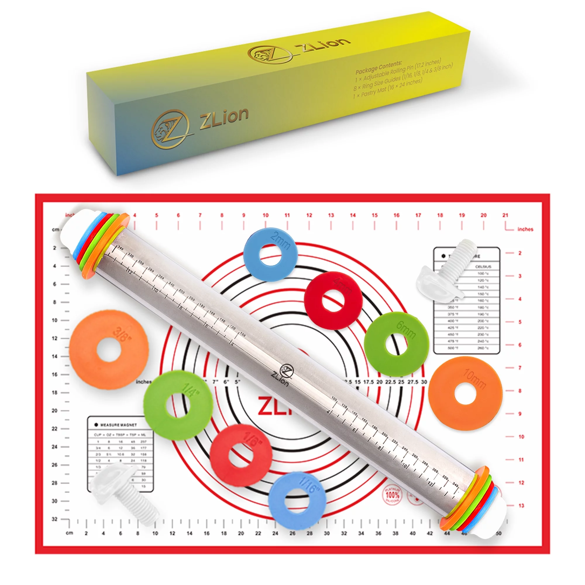 Zlion Stainless Steel Rolling Pin with Thickness Rings and Silicone Mat - Stainless Steel and Corrosion-Resistant Adjustable rolling pin- Rolling Pins for Baking Pizza, Dough, Pastry, Fondant, Pasta