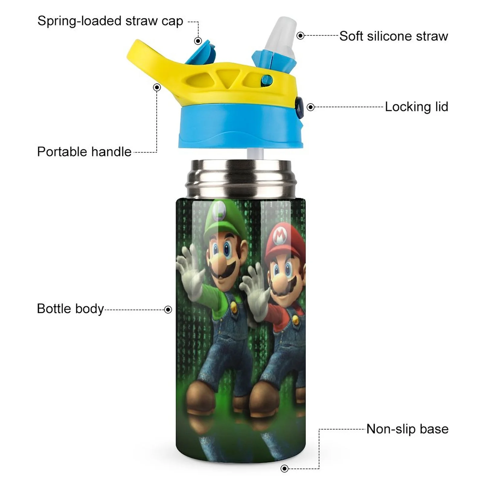 Mario Luigi's Mansion Bros Kid's Insulated Water Bottle With Straw Vacuum Stainless Steel Cup Leak-Proof Children Toddler Thermoses