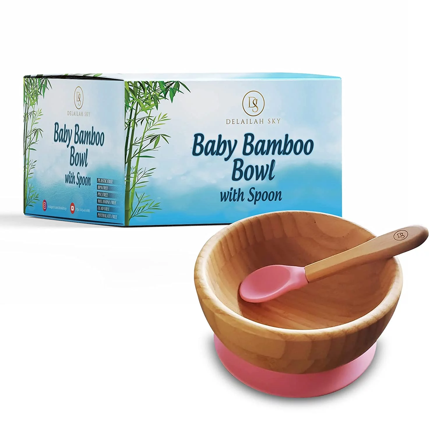 Delailah Sky Baby Bamboo Bowl & Spoon | Baby Cutlery Set | Bamboo Baby Feeding Bowl | Suction Bowl with Silicone Spoon | Detachable Suction Base | BPA Free Silicone Spoon Set (Pink)