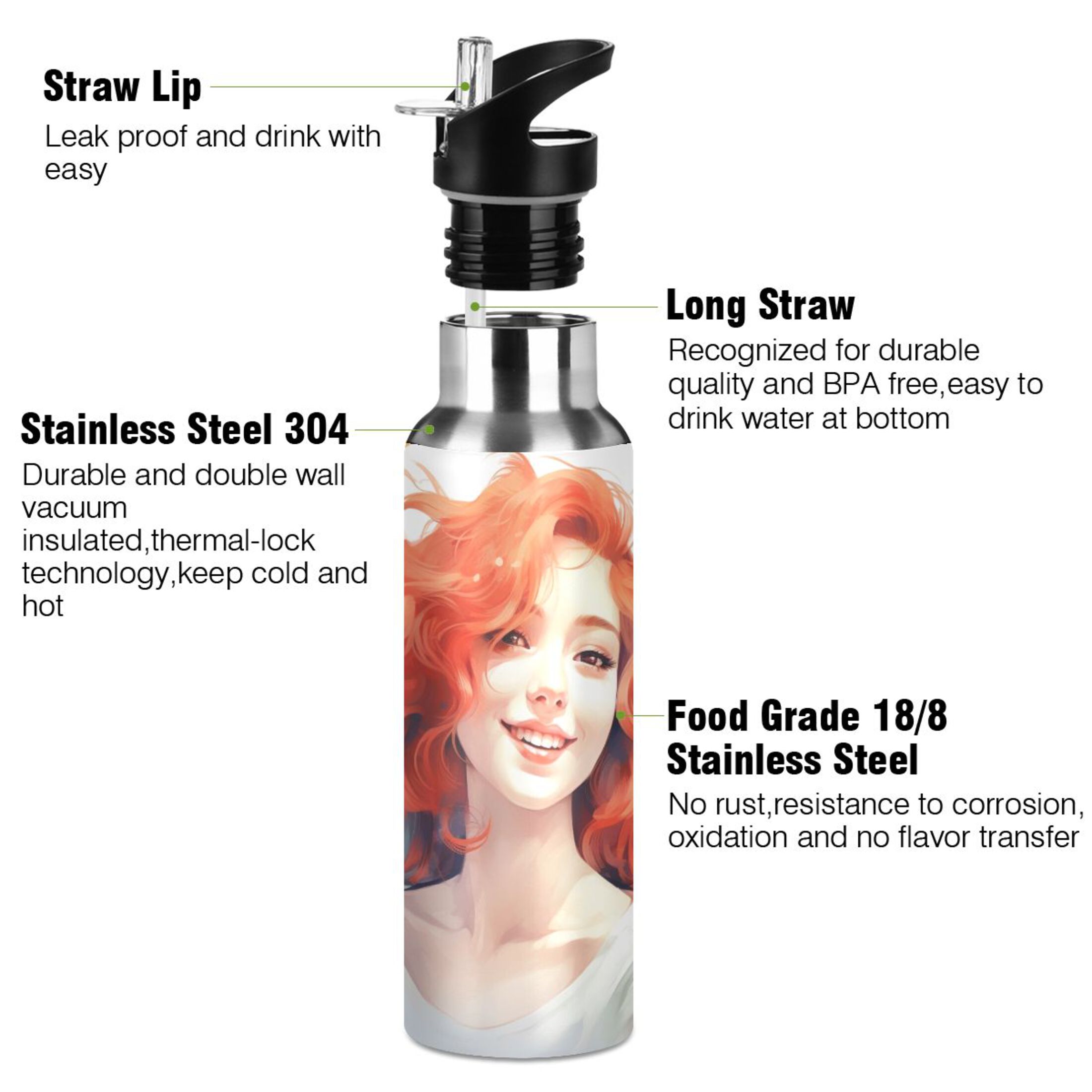 Cute Girl Water Bottles Insulated Thermos Kids Stainless Steel Bottle with Straw Lid Flask Leakproof for Sports Gym 20 oz