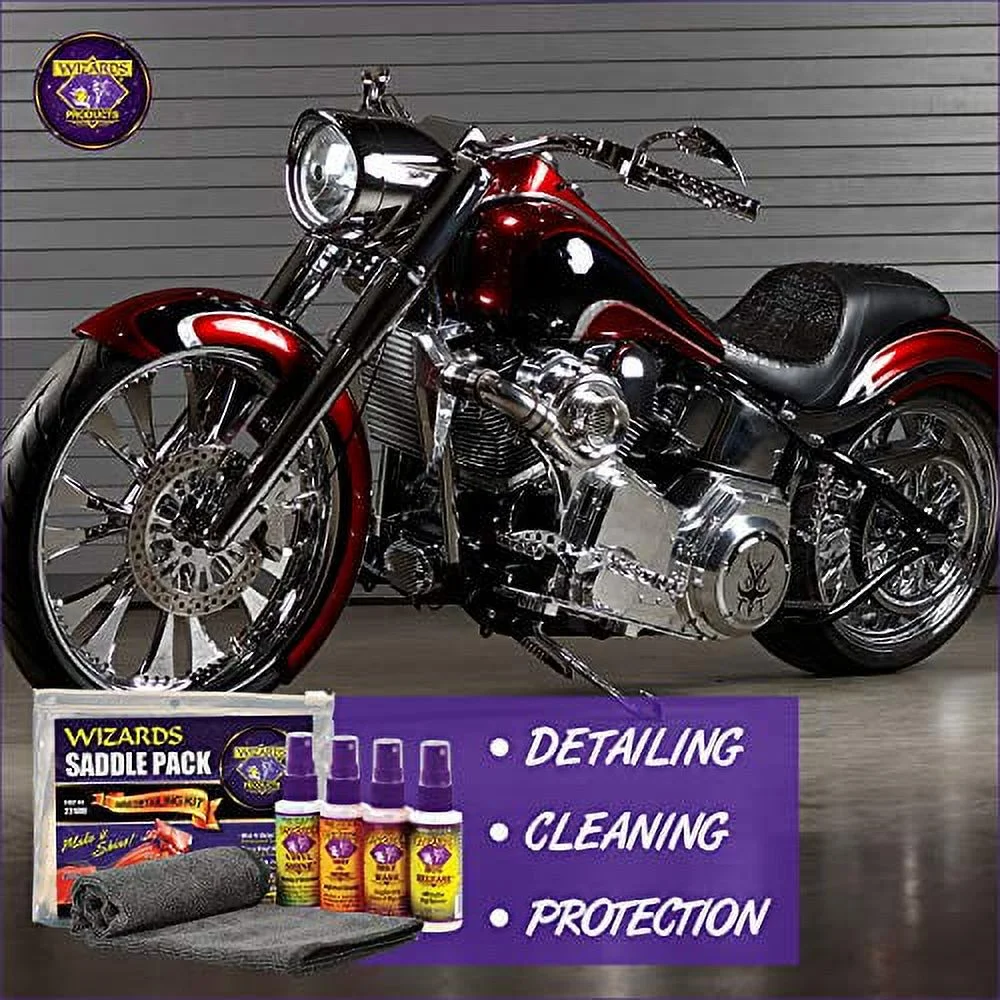 Wizards Motorcycle Cleaner Kit - 5 Piece Motorcycle Accessories Saddle Pack - Motorcycle Detailing Supplies - Bike Surface Cleaner and Tire Cleaner - Powerful Stain Removal Kit With Tire Protectant