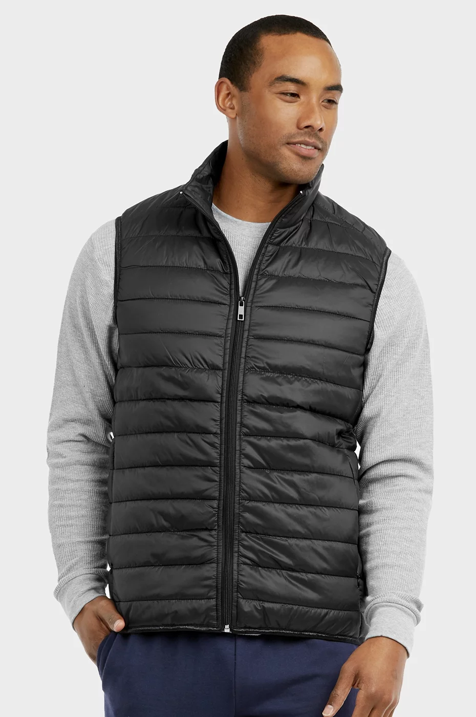 247 Frenzy Men's Essentials Et Tu Lightweight Full Front Zip Puff Nylon Vest Jacket with Side Zip Pockets - Black