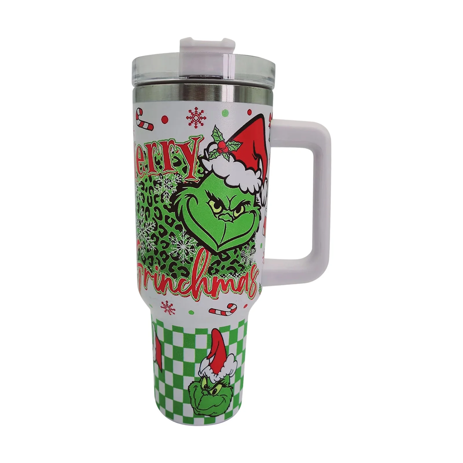 DJKDJL 40 oz Christmas Tumbler with Handle Adventure Travel Reusable Vacuum Quencher Tumbler, Leak Resistant Lid, Stainless Steel Insulated Cup, Maintains Heat Cold Ice for Hours B