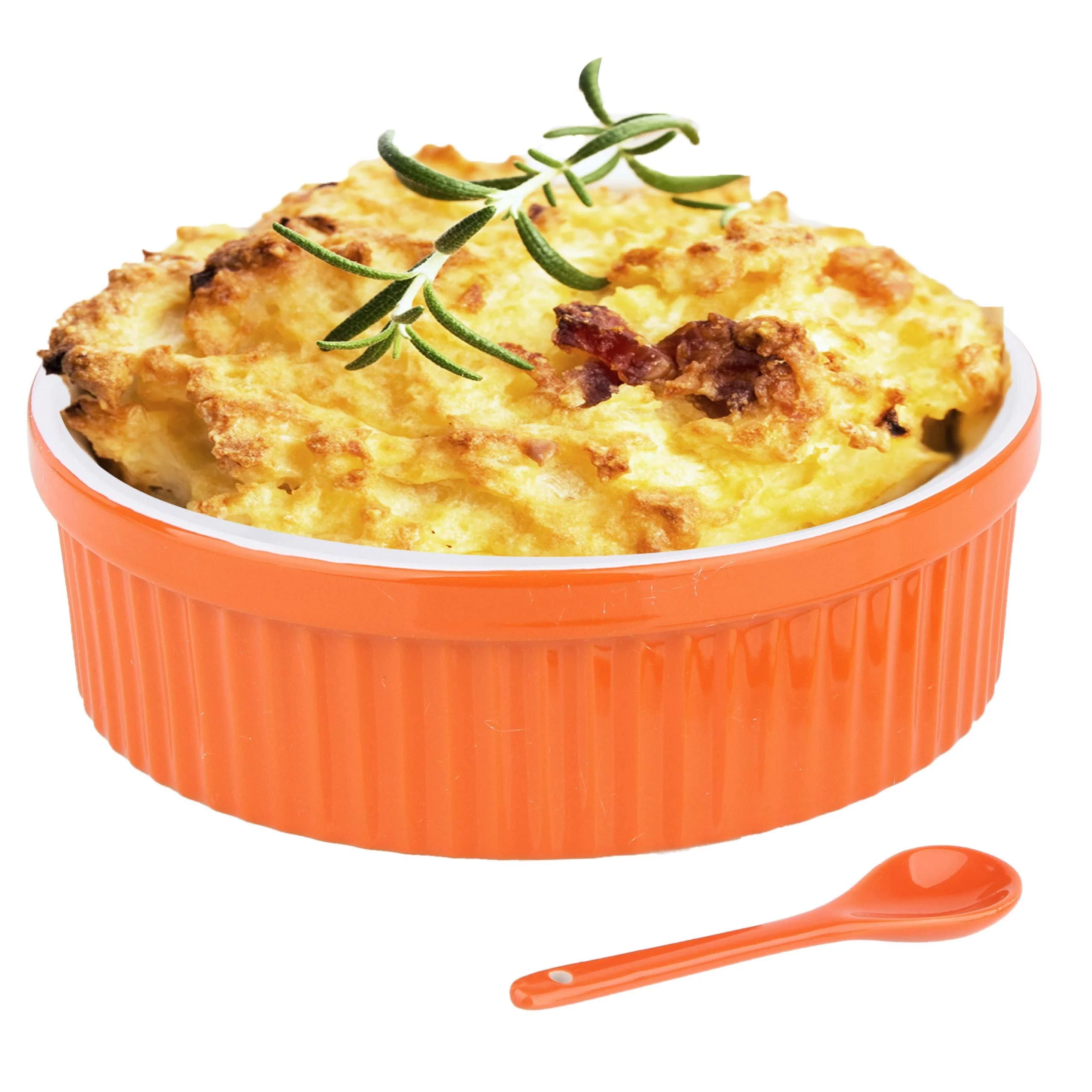 Souffle Dish Ramekins for Baking - 32 Oz, 1 Quart Large Ceramic Oven Safe Round Fluted Bowl with Mini Condiment Spoon for Souffle Pot Pie Casserole Pasta Roasted Vegetables Baked Dessert