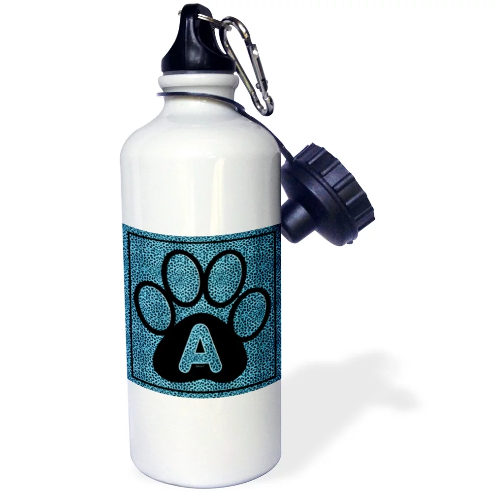 3dRose Letter A Blue Cheetah Print Cat Paw - Water Bottle, 21-ounce