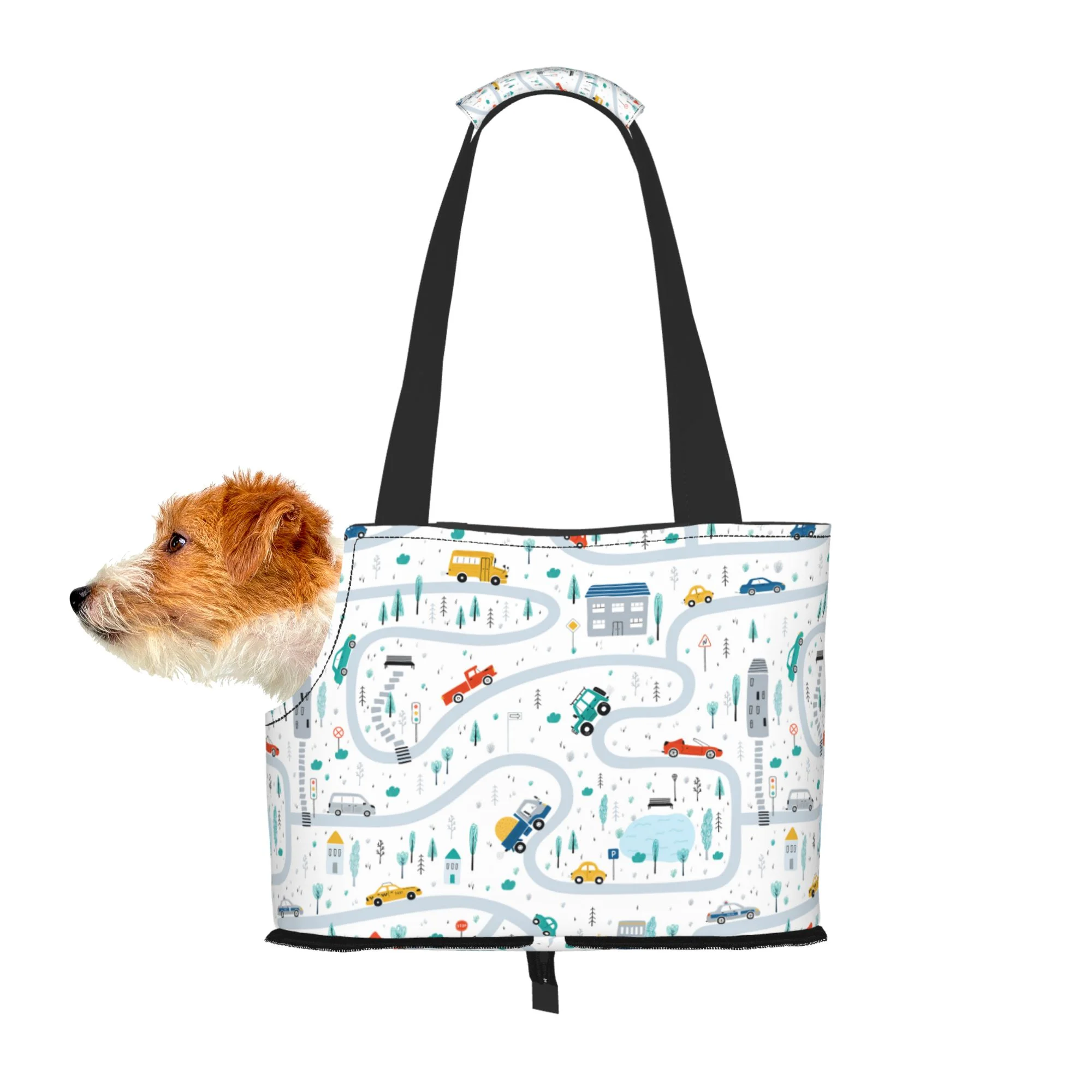 TEQUAN Foldable Dog Purse Carrier, Collapsible Cartoon Cars Road Park Houses Prints Pet Travel Tote Bag for Small Cat Puppy, Waterproof Dog Soft-Sided Carriers