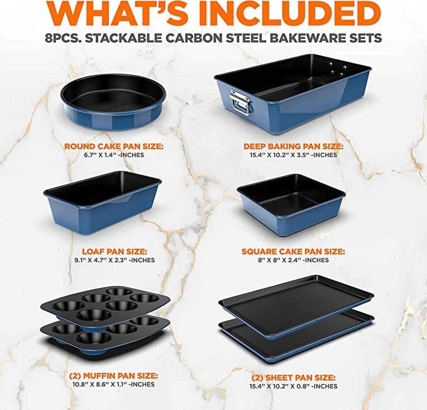 8-Piece Nonstick Stackable Bakeware Set - PFOA, PFOS, PTFE Free Baking Tray Set w/ Non-Stick Coating, 450°F Oven Safe, Round Cake, Loaf, Muffin, Wide/Square Pans, Cookie Sheet (Blue)