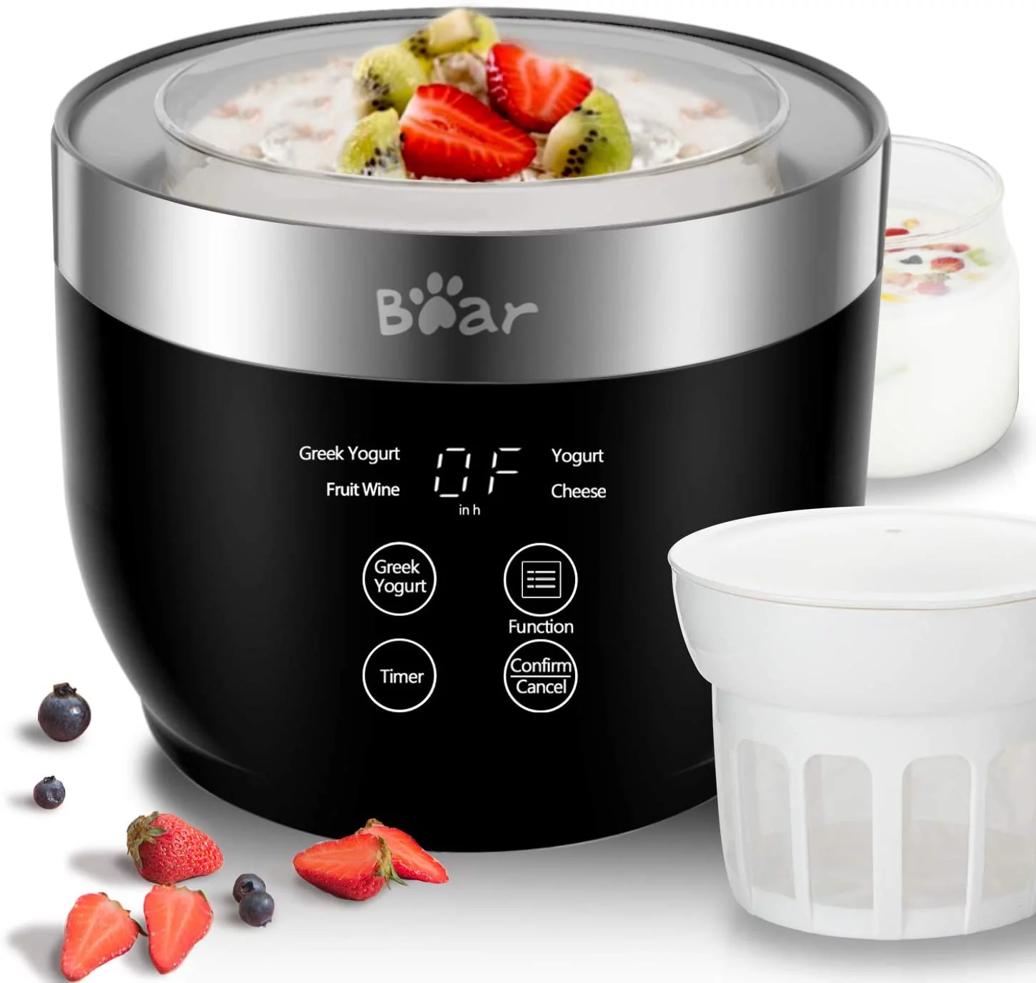 Bear Yogurt Maker, Greek Yogurt Maker Machine with Strainer and Timer Control, Stainless Steel Inner Pot, Automatic Digital with 2 Glass Jars 1 Quart for Home Organic Yogurt, Cheese, Fruit Wine Yogurt Maker with Jar
