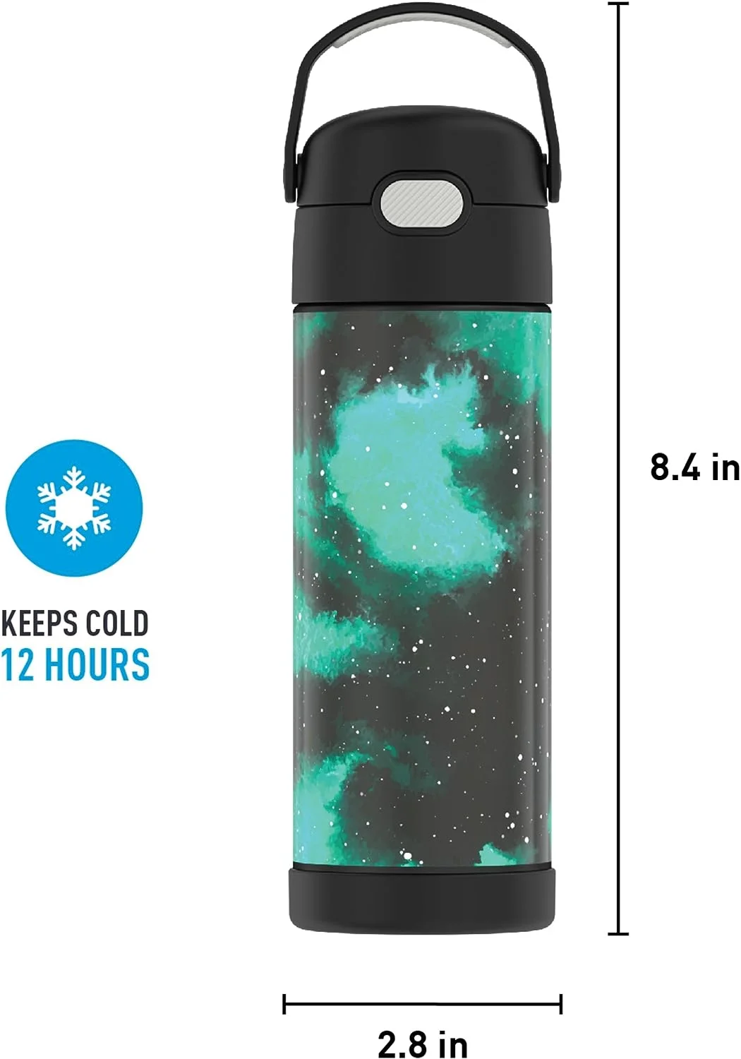 THERMOS FUNTAINER 16 Ounce Stainless Steel Vacuum Insulated Bottle with Wide Spout Lid, Galaxy Green